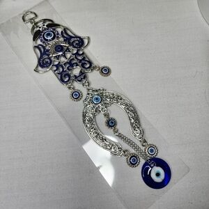 Silver and Blue Hamsa Evil Eye Protection Window Pendant New